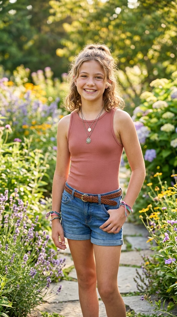 A tween girl standing outdoors wearing a ribbed tank bodysuit in a summer setting, smiling and looking at the camera.