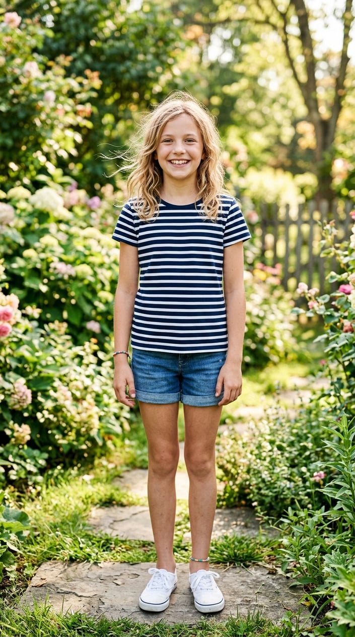 A smiling tween girl wearing a striped shirt and shorts stands outdoors on a sunny day with greenery in the background.