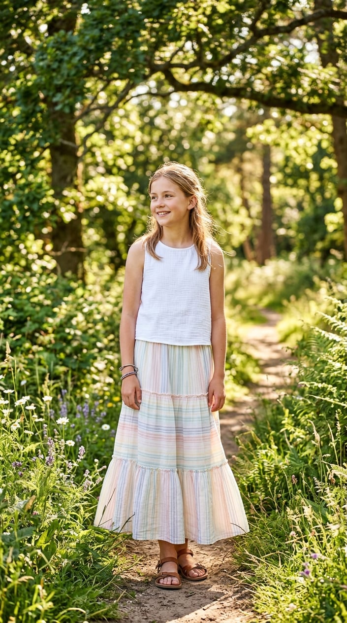 A tween girl standing outdoors wearing a tiered maxi skirt and a summer top, smiling with greenery in the background.