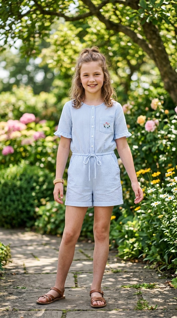 A young girl wearing a striped summer romper stands outdoors smiling with greenery in the background.