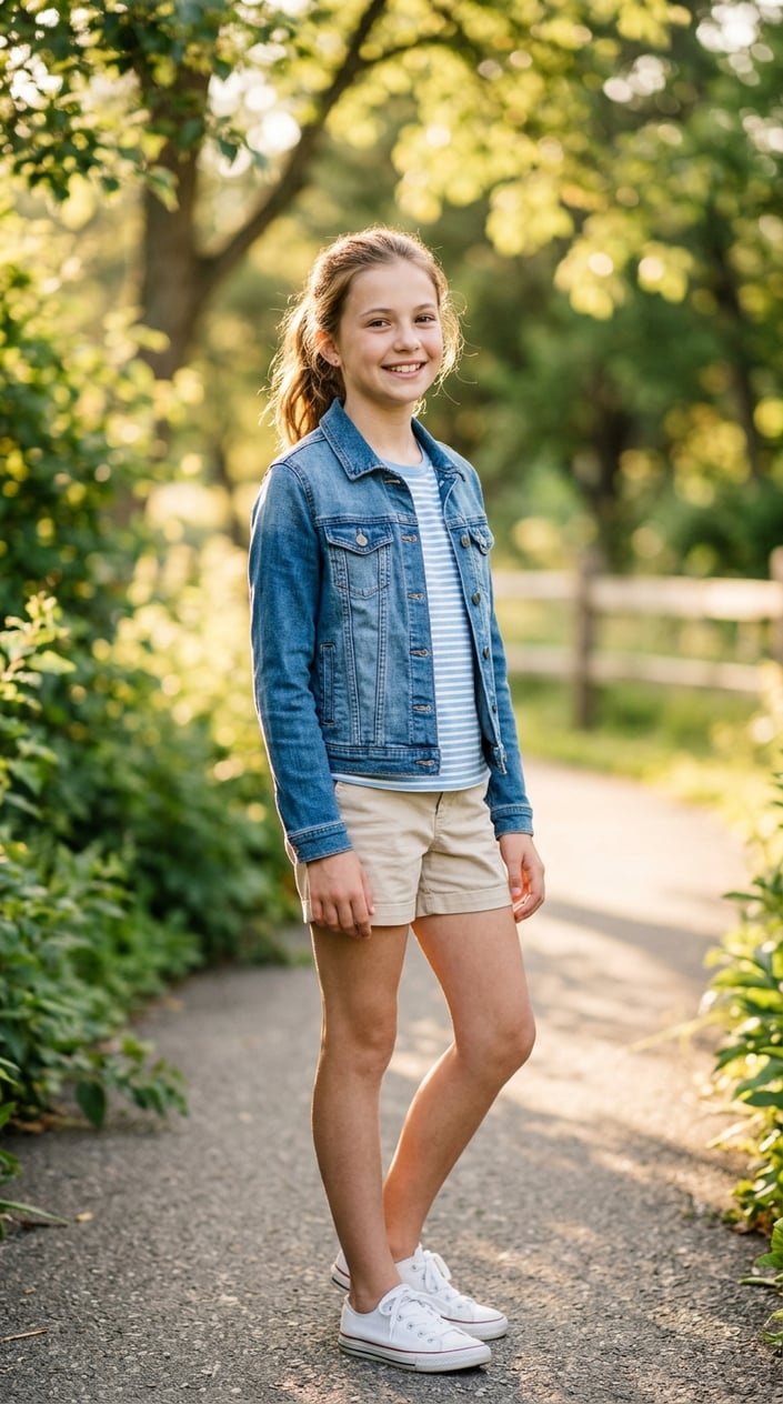 A tween girl outdoors wearing a denim jacket and summer clothes, smiling in a sunlit green setting.