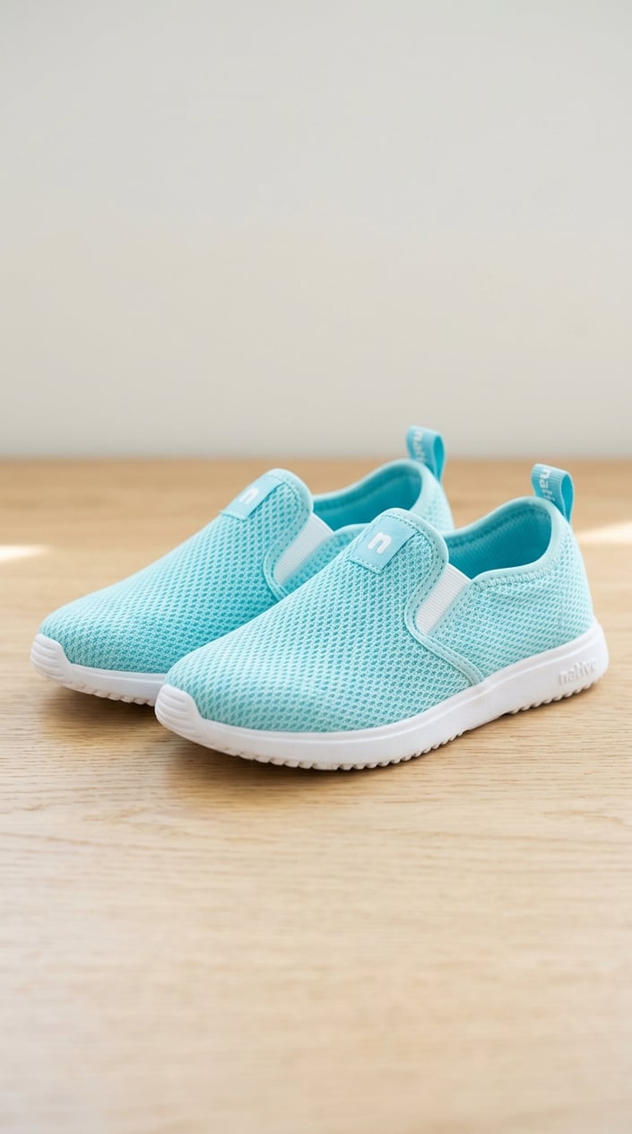 A pair of mesh slip-on sneakers on a light background.