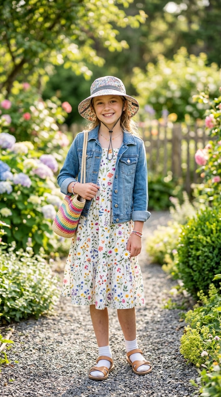 A tween girl wearing a bucket sun hat and a summer outfit standing outdoors in a sunny park.