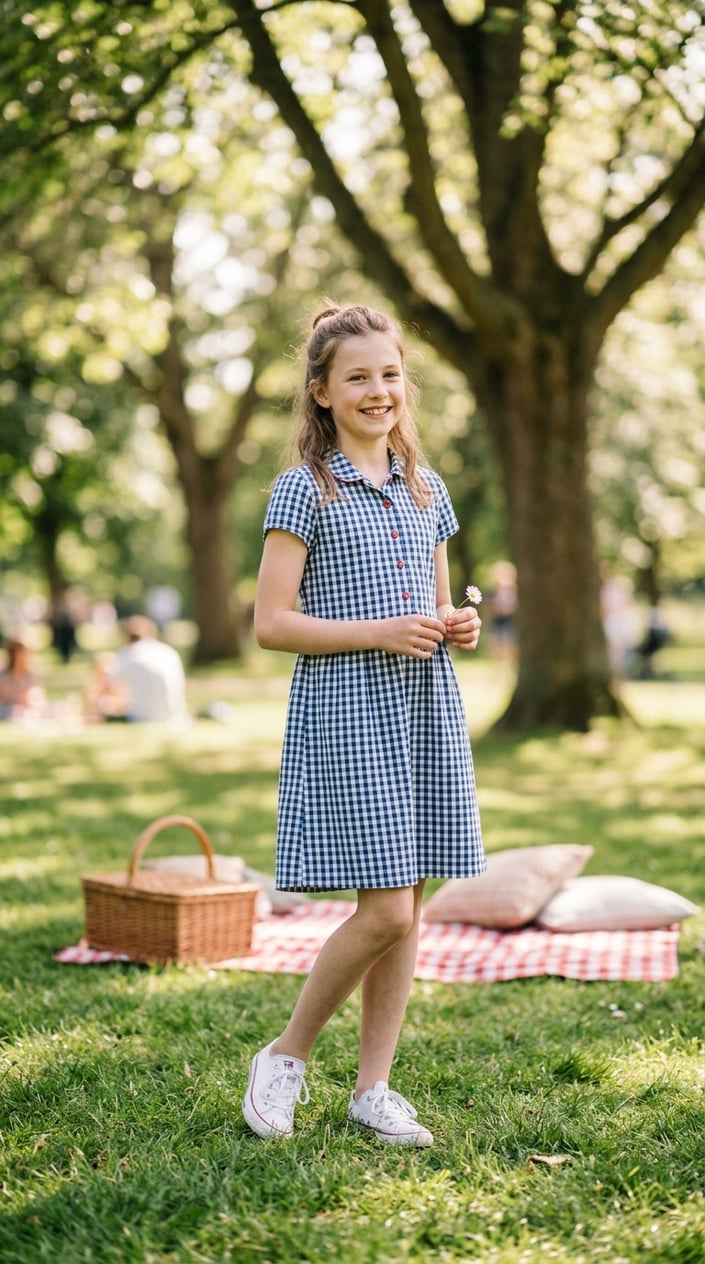 A young girl wearing a gingham dress stands outdoors in a sunny park with a picnic setup in the background.