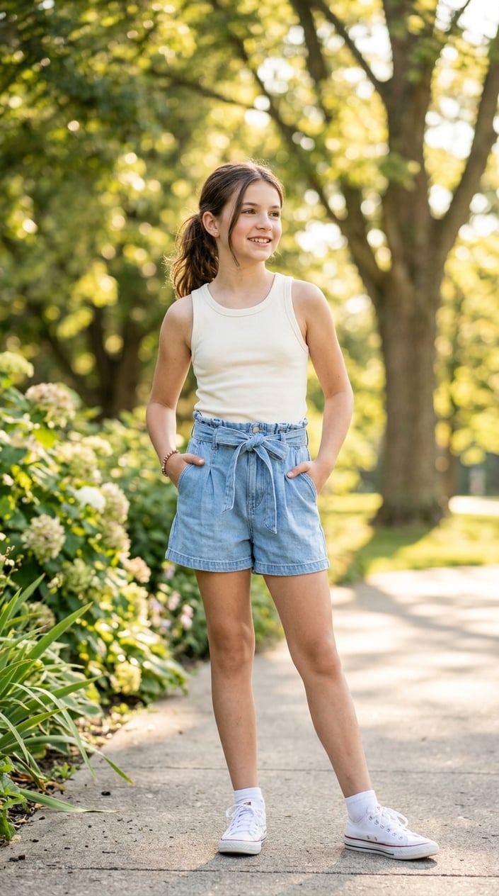 A tween girl standing outdoors wearing high-rise paperbag shorts and a summer top.