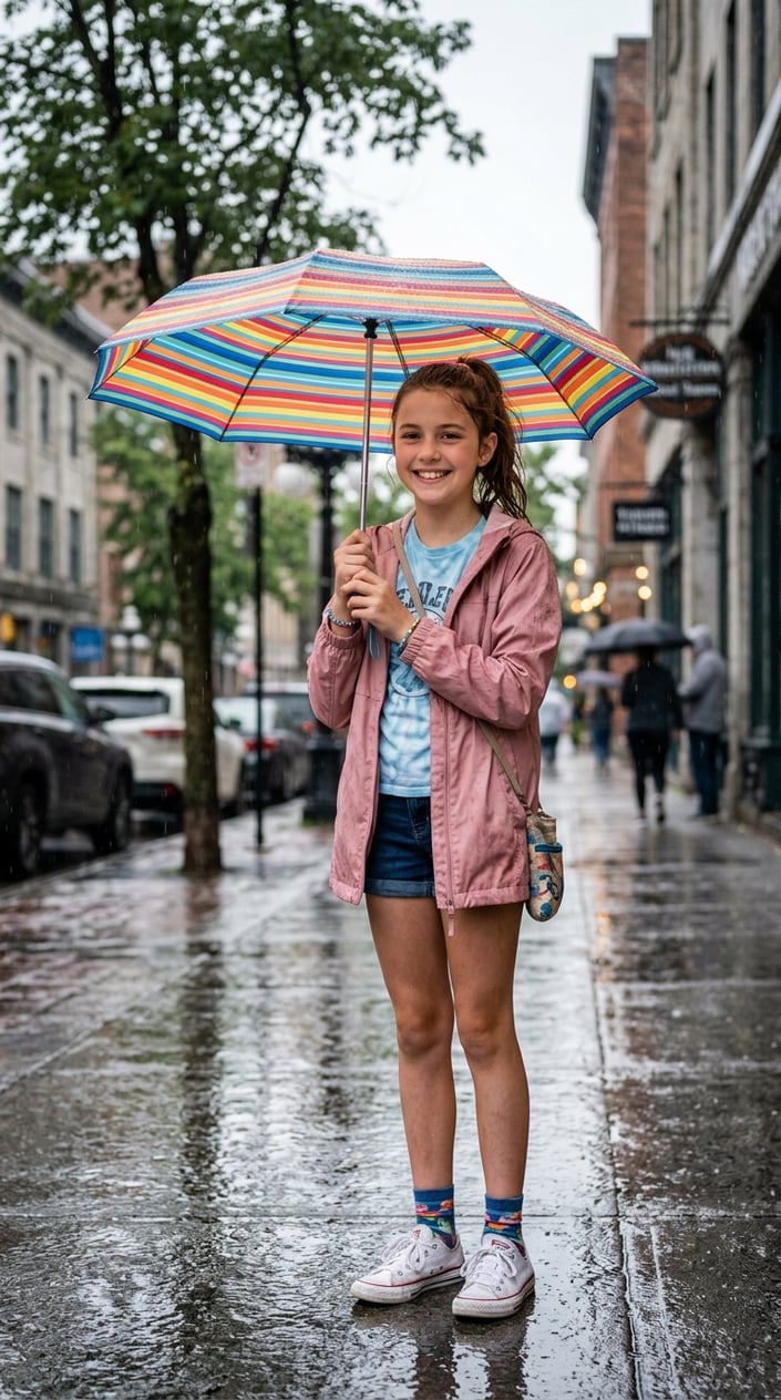 A tween girl wearing a lightweight raincoat and holding an umbrella stands on a rainy city street.