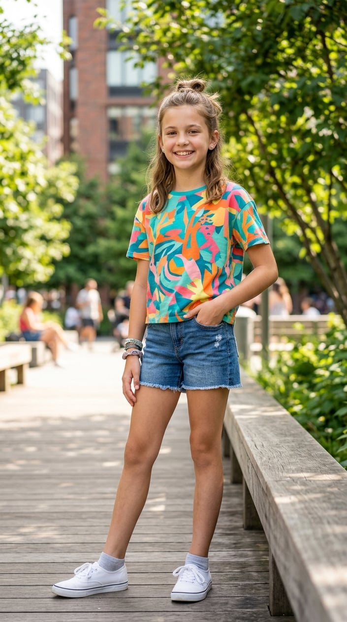 A smiling tween girl wearing a colorful graphic t-shirt standing outdoors on a sunny day.