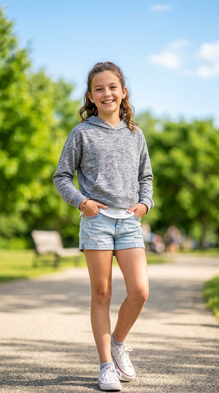 A tween girl wearing a cropped hoodie stands outdoors on a sunny day, smiling with trees and blue sky in the background.