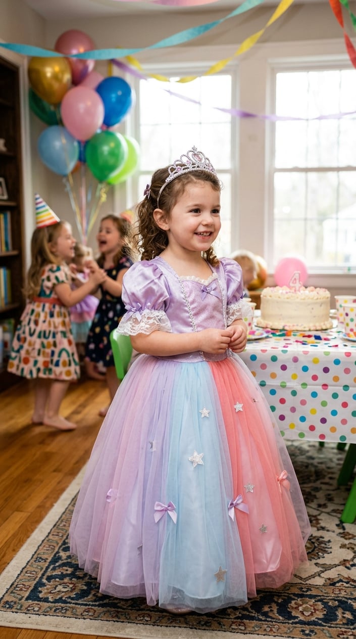 Smiling four-year-old girl in a colorful layered princess dress and small tiara standing at a balloon-filled birthday party table