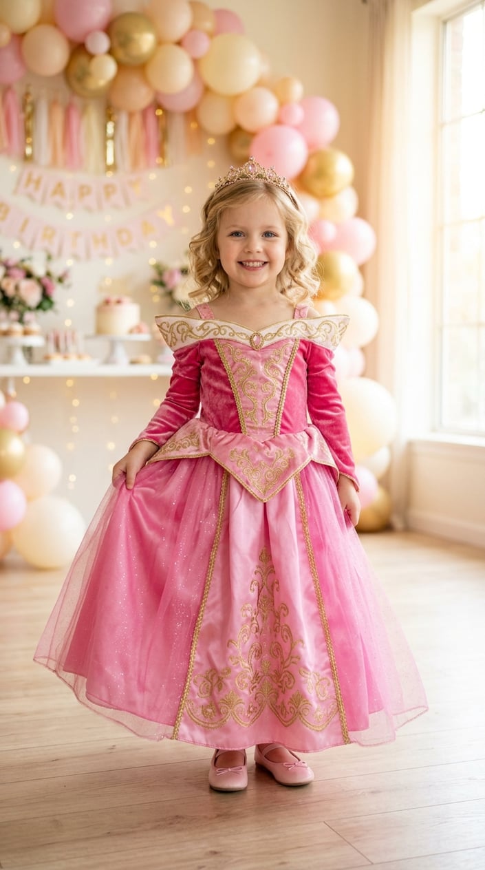Four-year-old girl in a pink satin-front and tulle-skirt Aurora Sleeping Beauty dress smiling at a children's party