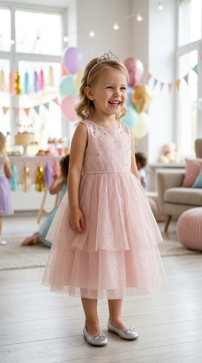 Four-year-old in a pink sparkly tulle princess dress with sewn-on glitter details smiling at a colorful party