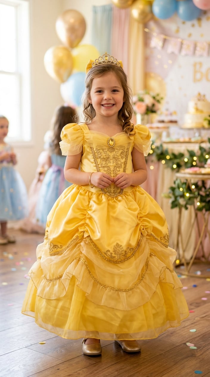 Young girl wearing a bright yellow Belle-style princess gown with a soft knit bodice and light tulle skirt at a children's party
