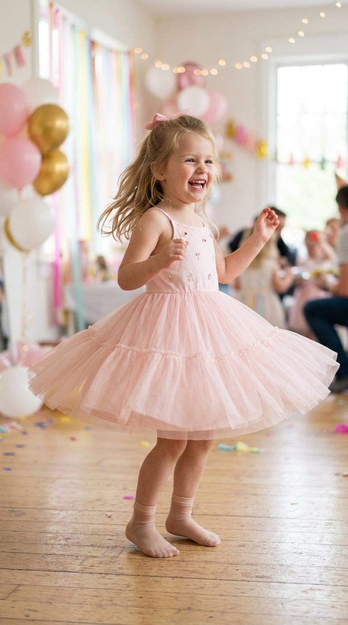 Young girl in a pink and white tulle skater dress spinning with arms out at a party decorated with balloons