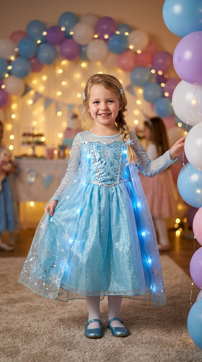 Young girl in a layered blue Elsa light-up gown smiling at an indoor party with string lights and balloons behind her