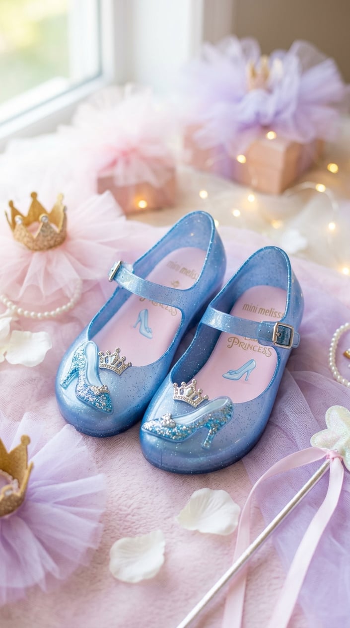 Pair of light blue jelly Cinderella-themed children's shoes with molded bow and adjustable strap displayed on a soft pastel surface with small crowns
