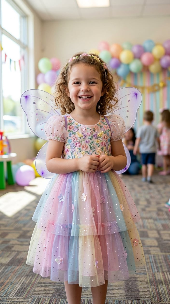 Happy four-year-old in a floral fairy princess dress with layered tulle skirt and sewn-on petal details standing at a decorated party setting