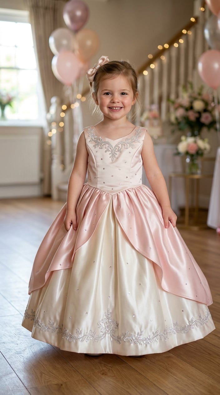 Smiling four-year-old in a full-skirted pale pink satin ball gown with sewn-in bodice standing indoors at a party