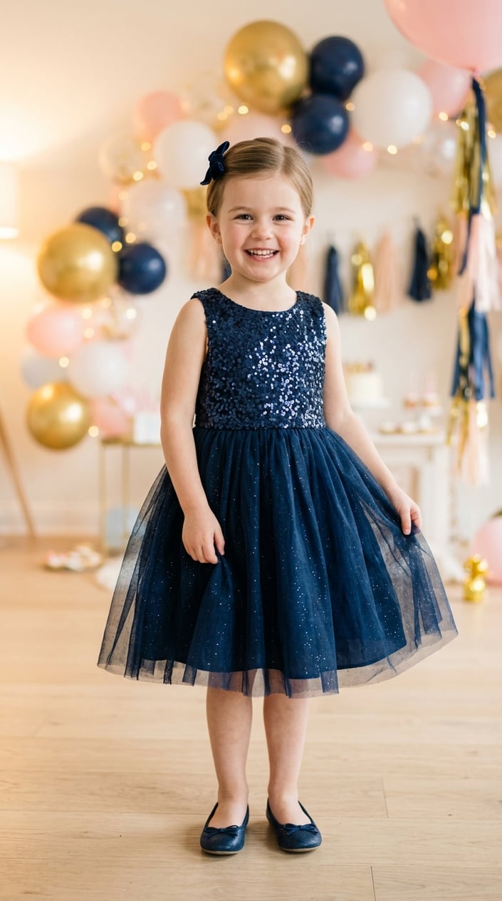 Smiling four-year-old girl in a navy blue sequin-topped tulle dress at a party with colorful balloons behind her