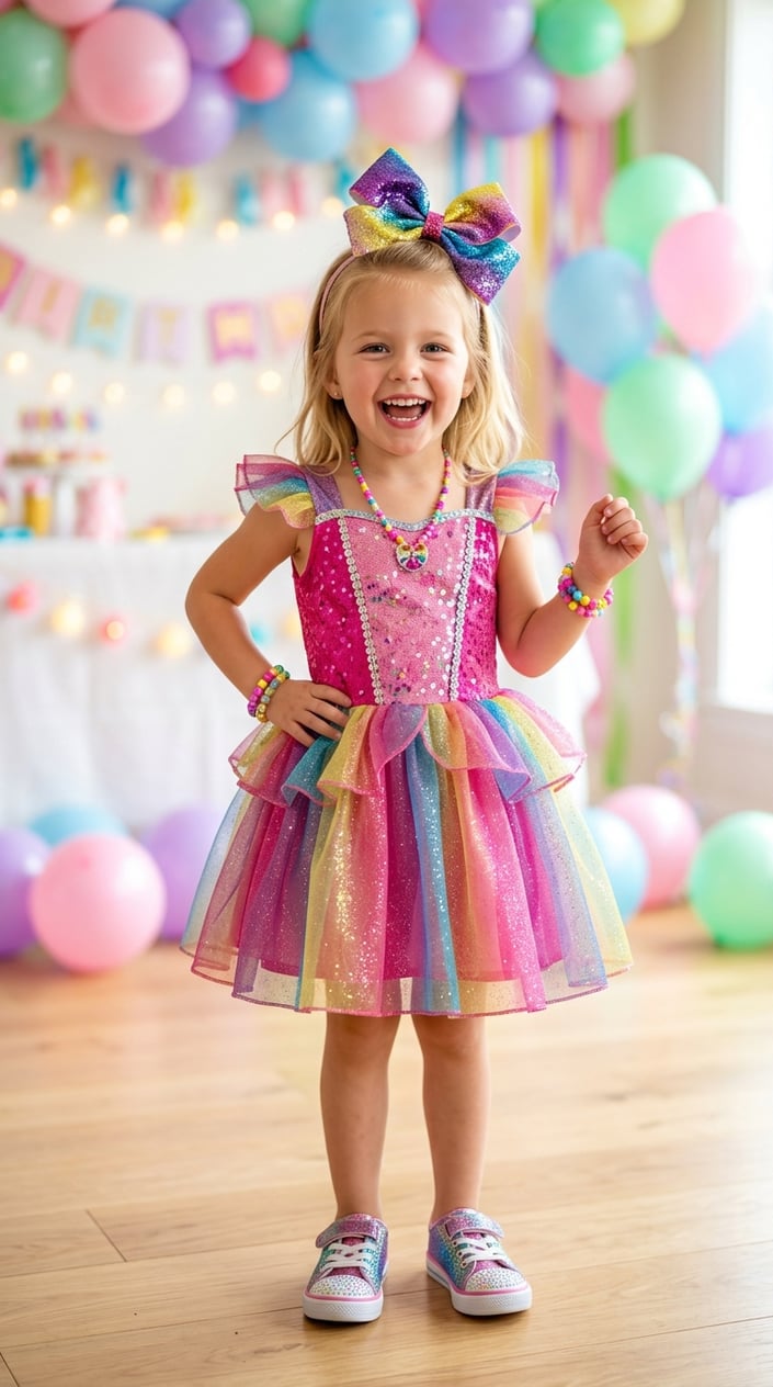 Smiling four-year-old wearing a bright multicolor sparkle princess costume with a large signature bow headband at a party