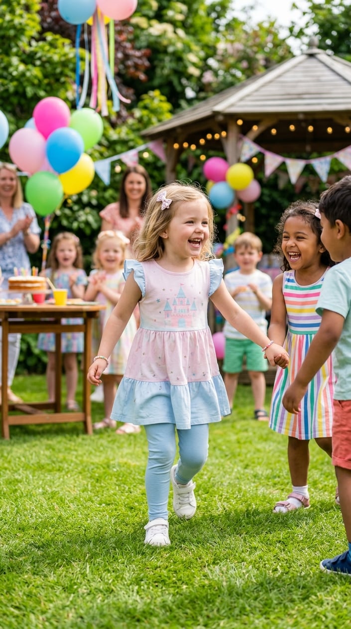 Smiling four-year-old in a light pink A-line cotton princess tunic playing outdoors at a birthday party with balloons visible behind her