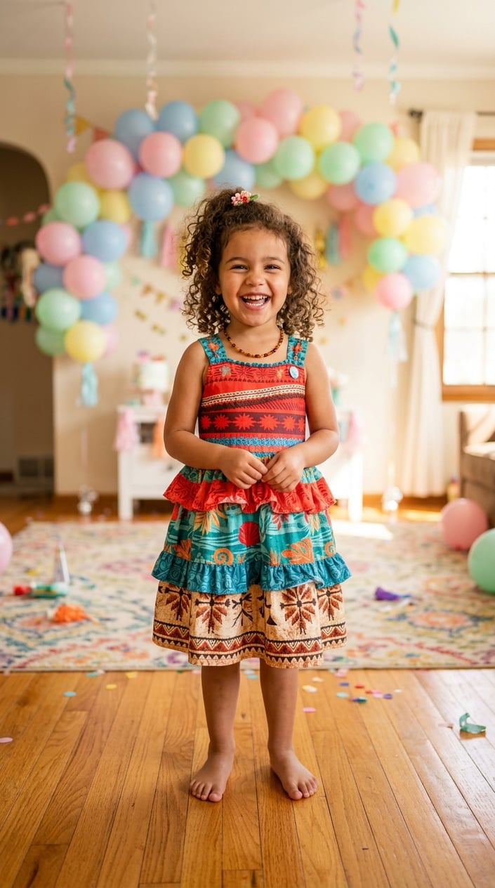 Smiling four-year-old in a colorful printed Moana dress with flowy skirt and knit top standing in a party-decorated room