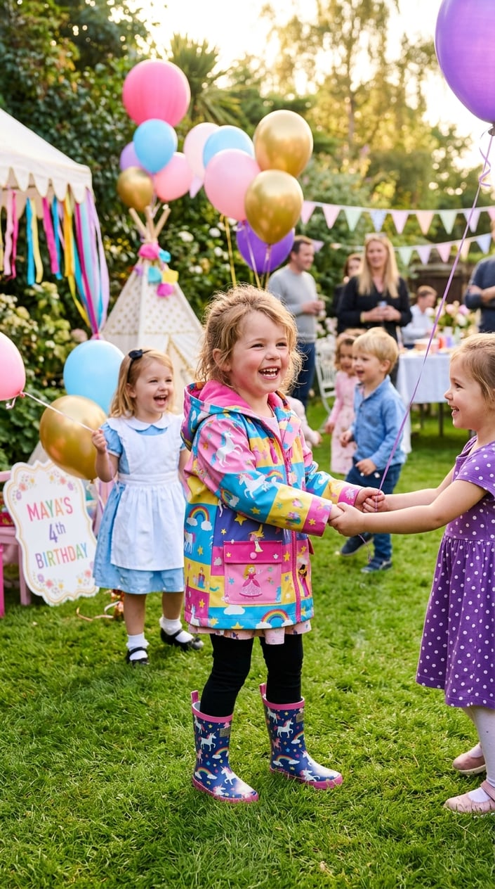 Smiling four-year-old in a bright yellow and multicolor unicorn-print raincoat with a pointy hood at an outdoor children's party