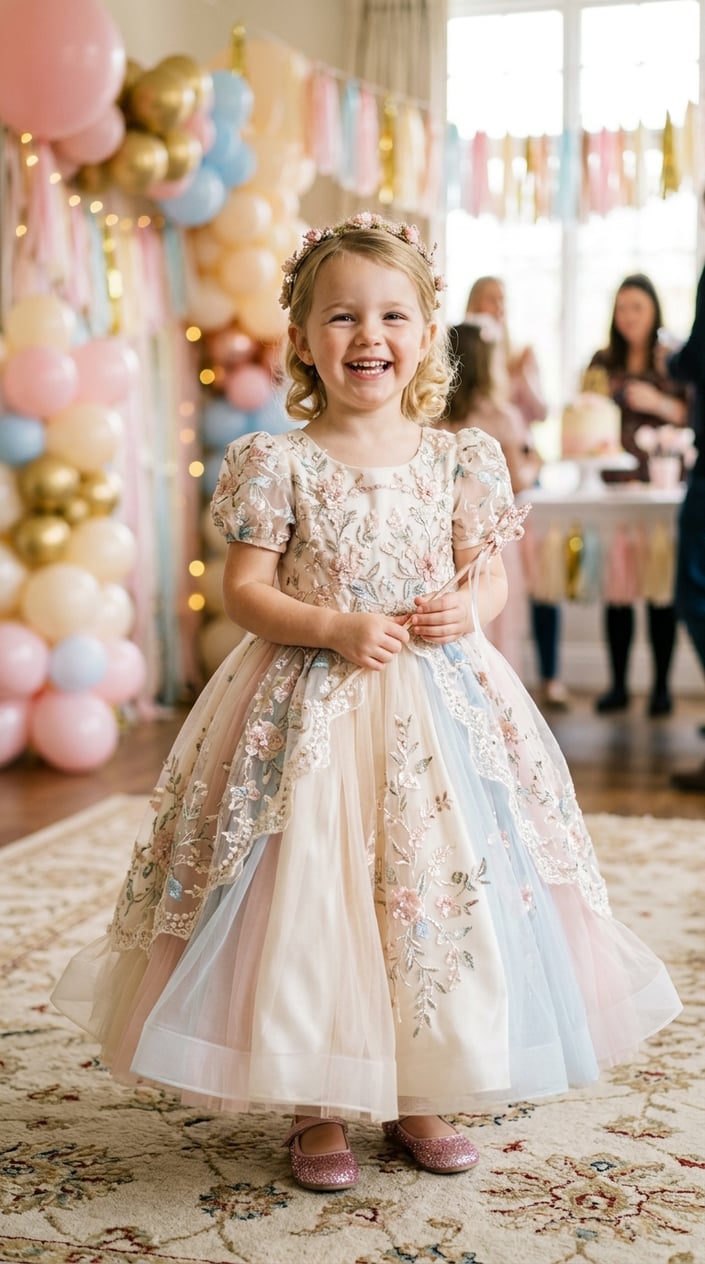 Young girl in a white and pale blue embroidered princess dress with a full skirt standing in a softly decorated party room