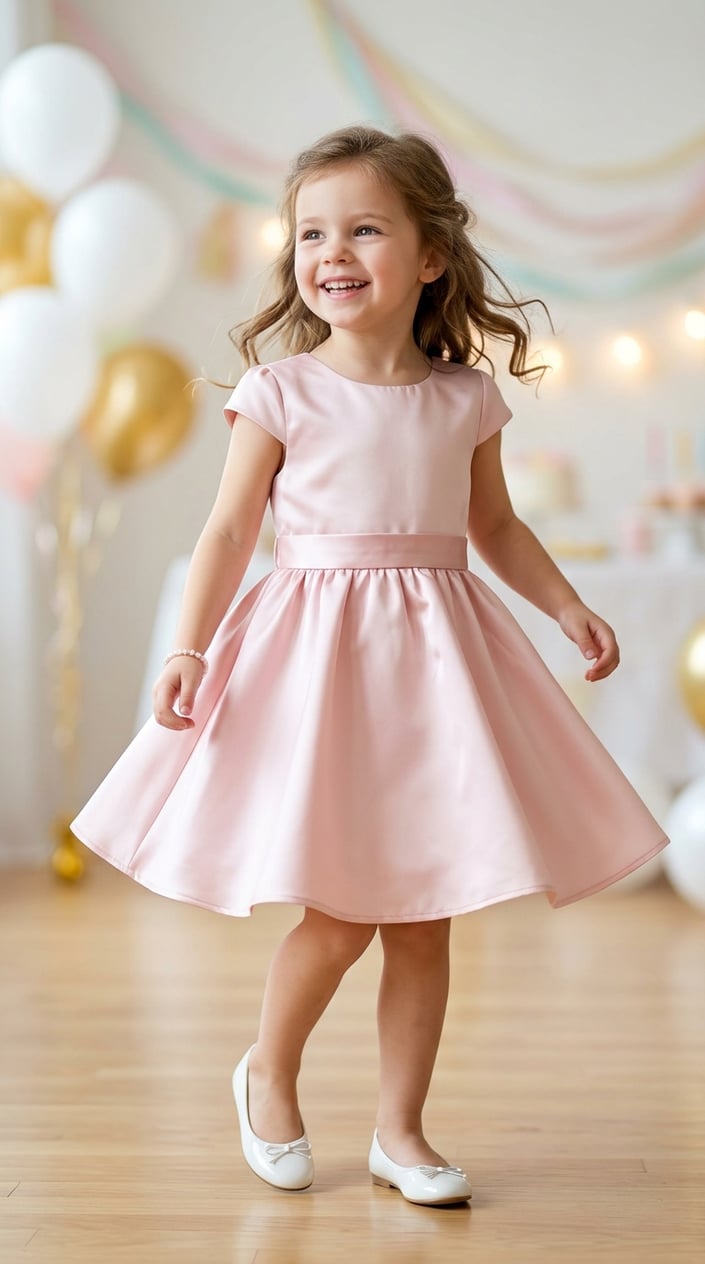 Smiling four-year-old in a pale pink satin fit-and-flare dress standing in a softly lit party setting with streamers behind her