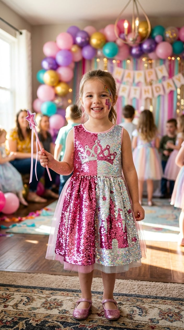 Four-year-old girl in a pink and silver reversible sequin dress at a colorful birthday party with balloons in the background