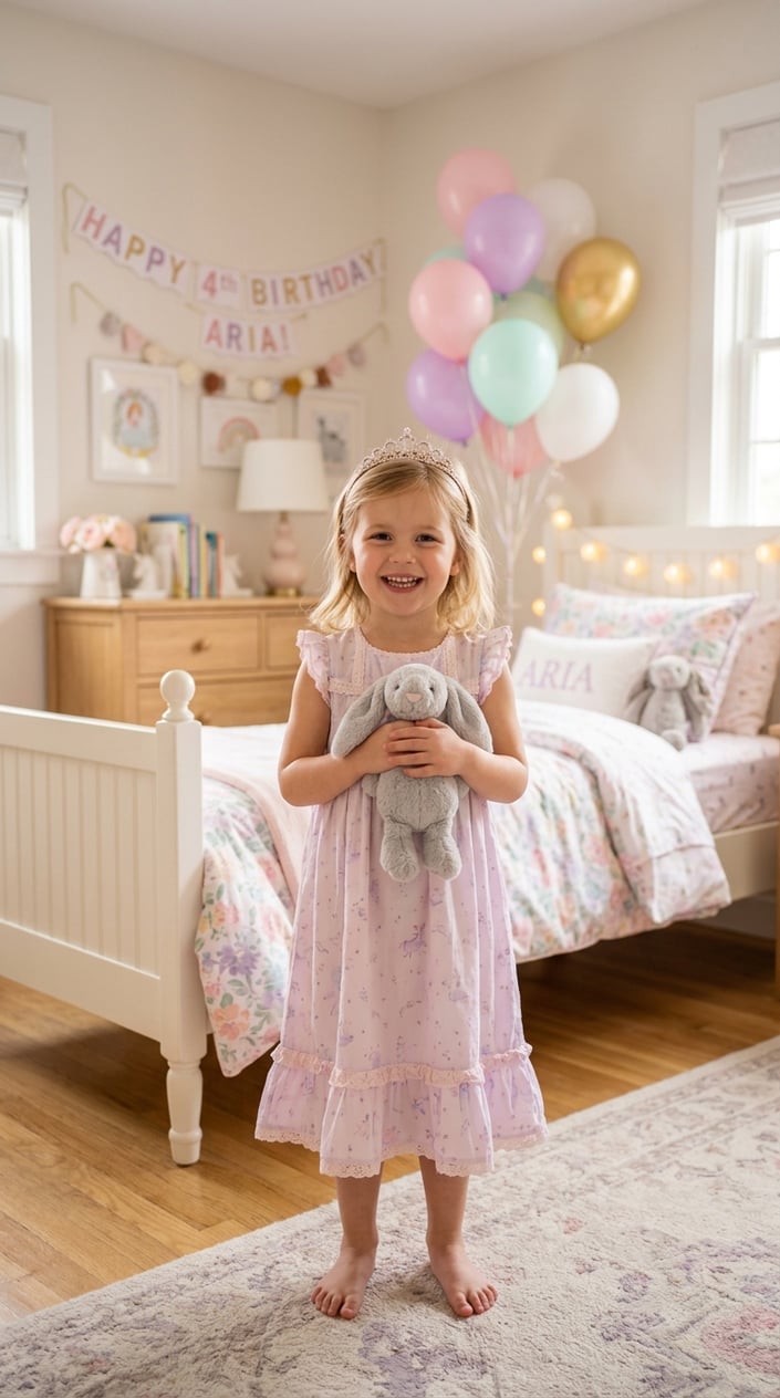 Smiling four-year-old in a pastel pink cotton princess nightgown with printed crown graphics and simple ruffle hem, wearing a small tiara in a bedroom with fairy lights and balloons