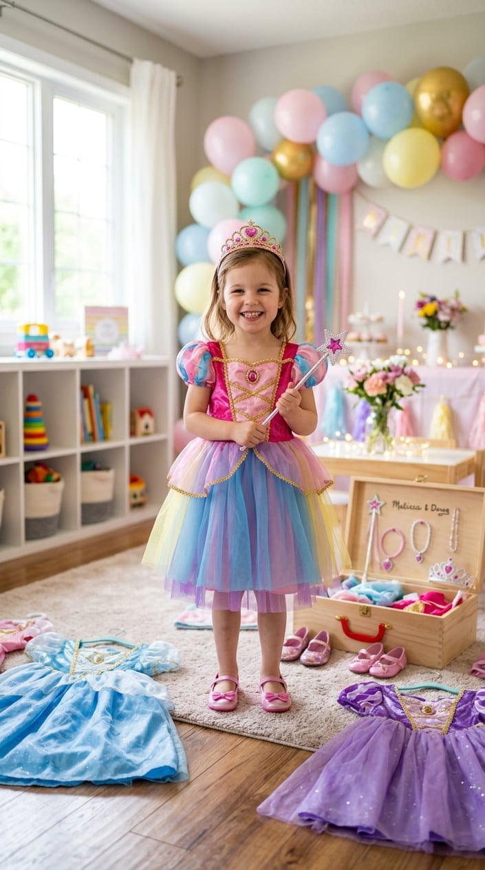 Smiling four-year-old in a bright felt and polyester princess dress from a dress-up set, wearing a fabric crown and standing in a decorated playroom