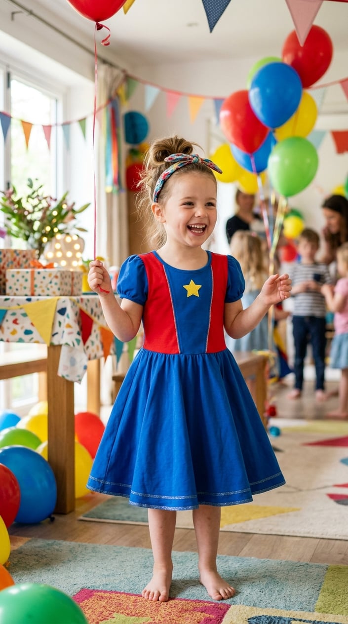 Happy four-year-old in a bright solid-color stretch jersey princess dress with full skirt and built-in underskirt at a balloon-decorated party
