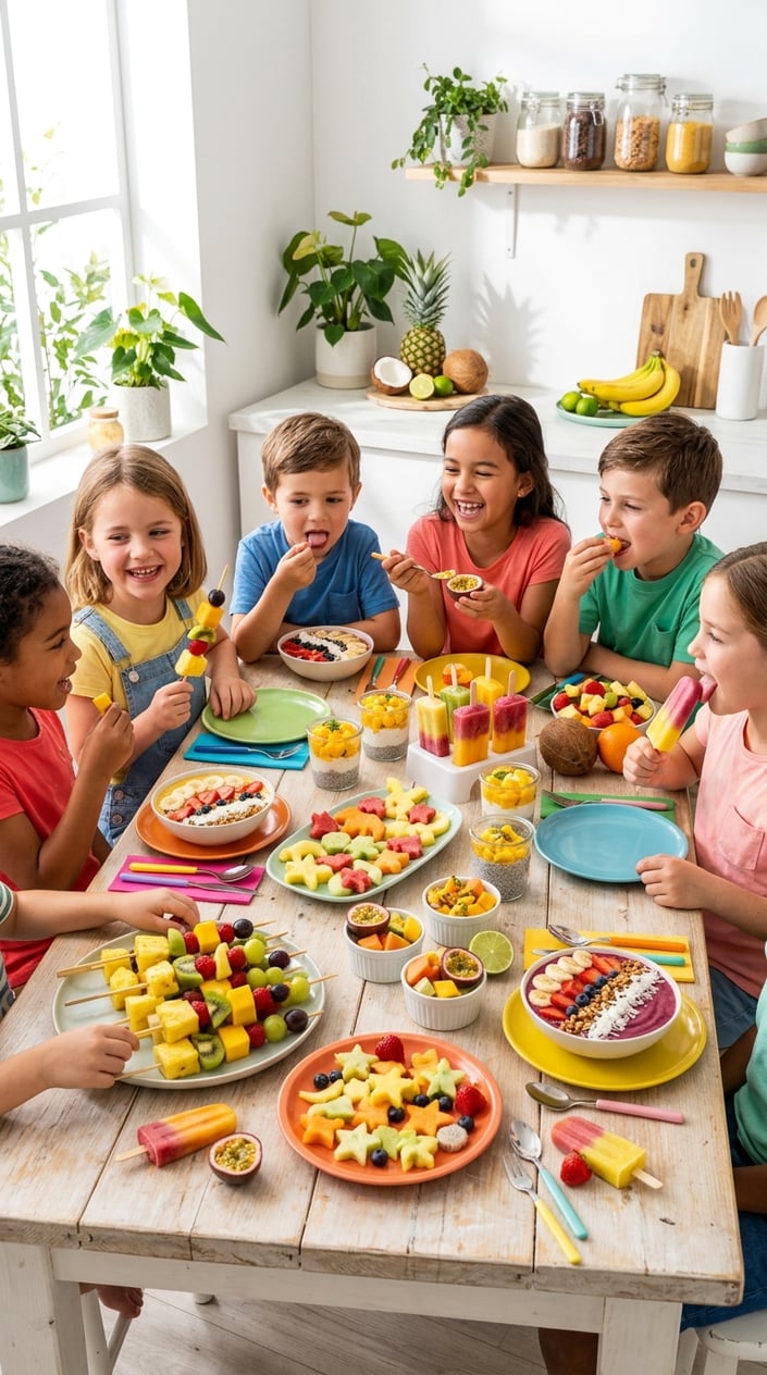 Three kids leaning over a kitchen table covered in colorful tropical fruit dishes, mid-bite and grinning.