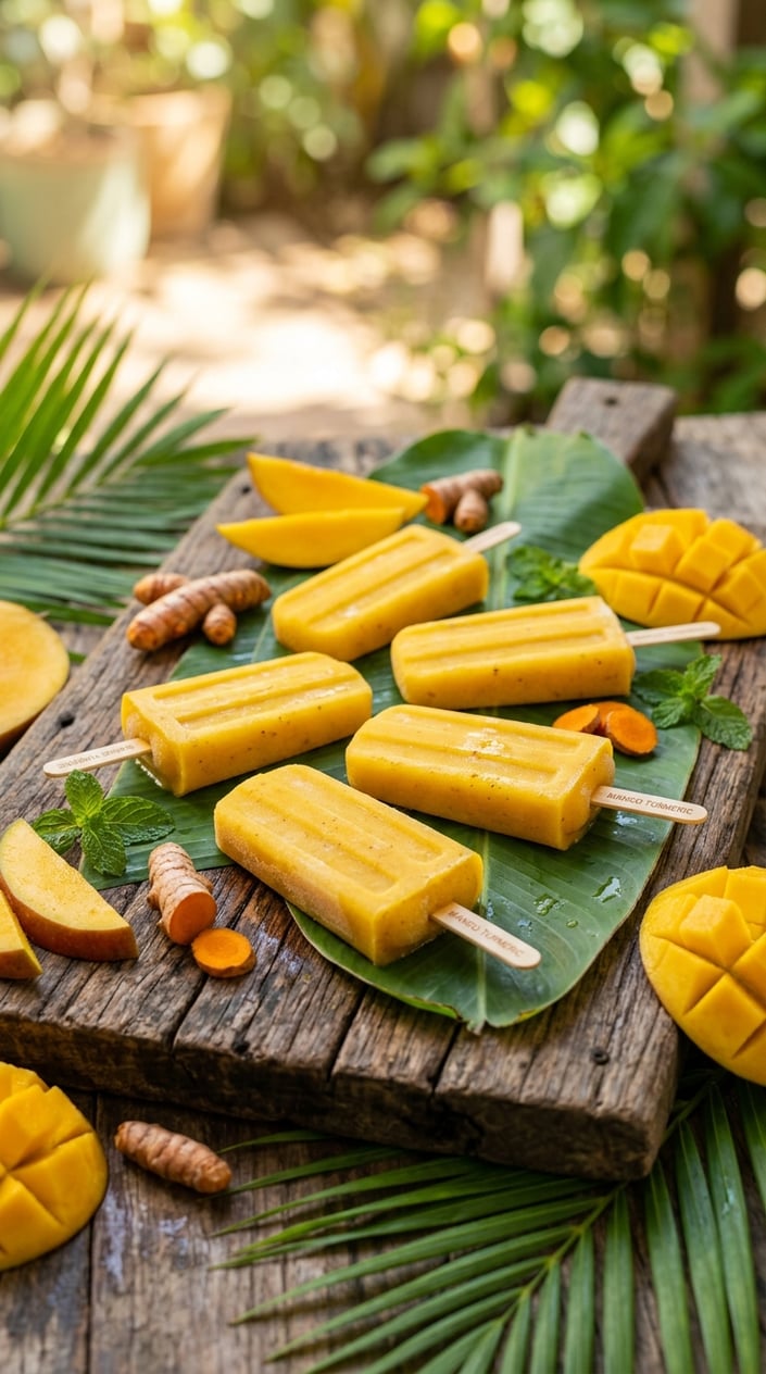 Bright yellow-orange popsicles on a worn wooden board surrounded by fresh mango slices, knobby turmeric roots, and a few tropical leaves.