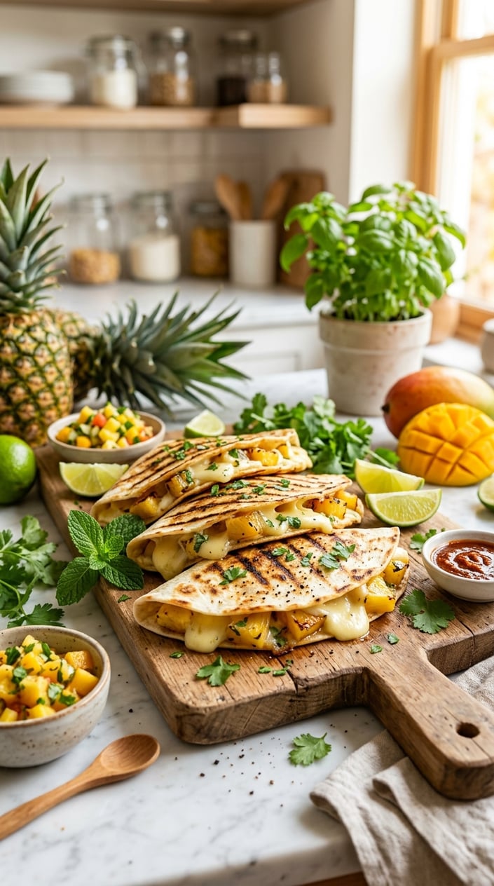 Golden quesadilla wedges on a wooden board with glossy caramelized pineapple chunks and a few scattered mint leaves.