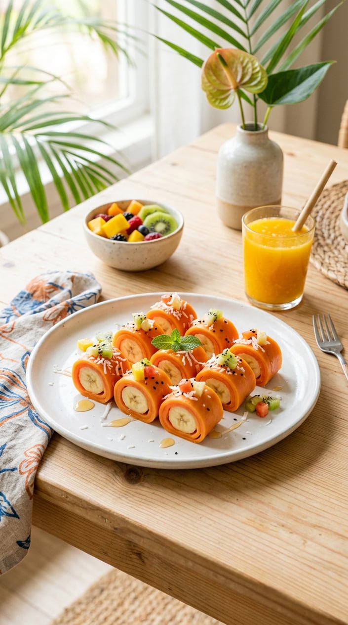 Sliced papaya rolls arranged on a pale wood table with banana filling visible inside, a glass of orange juice blurred in the background.