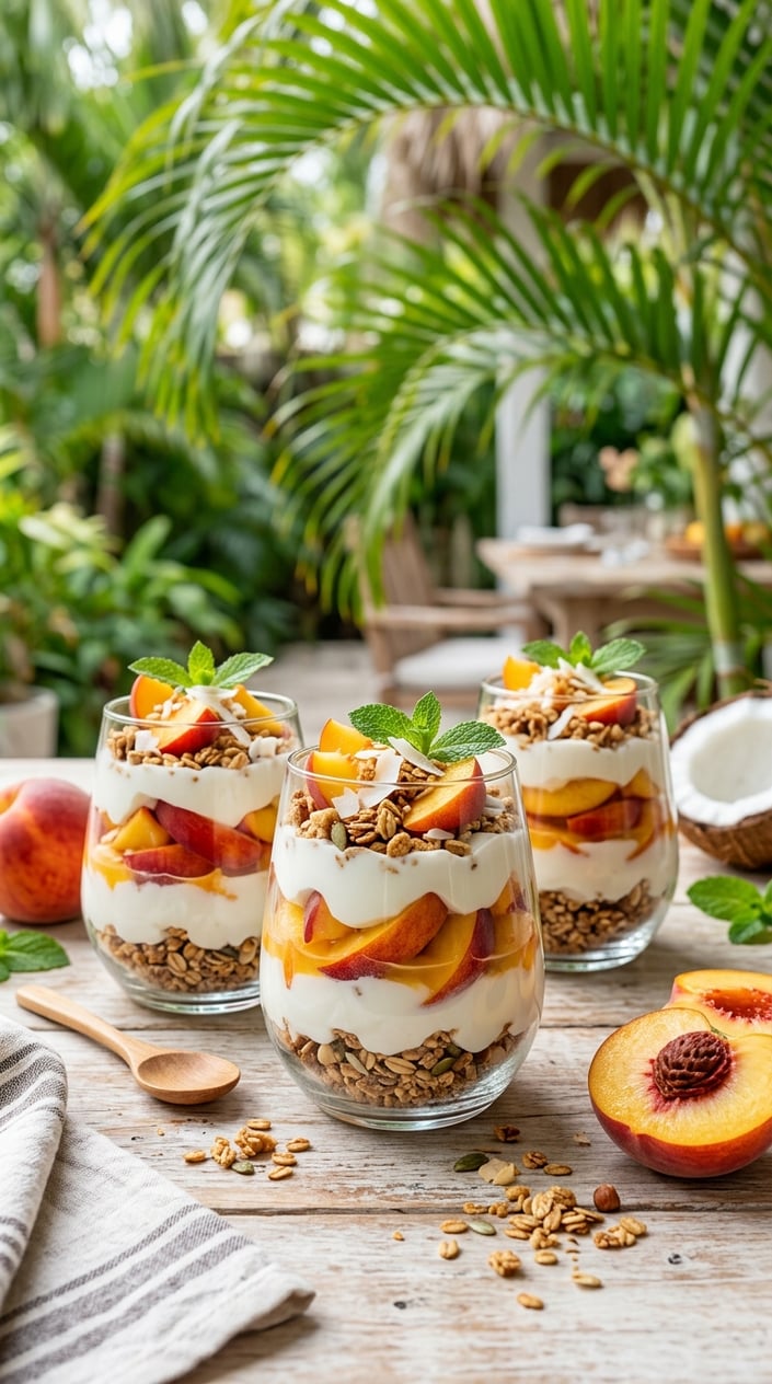 Three glass cups with visible layers of white yogurt, diced peaches, and toasted coconut chips on a warm wood surface with coconut halves nearby.