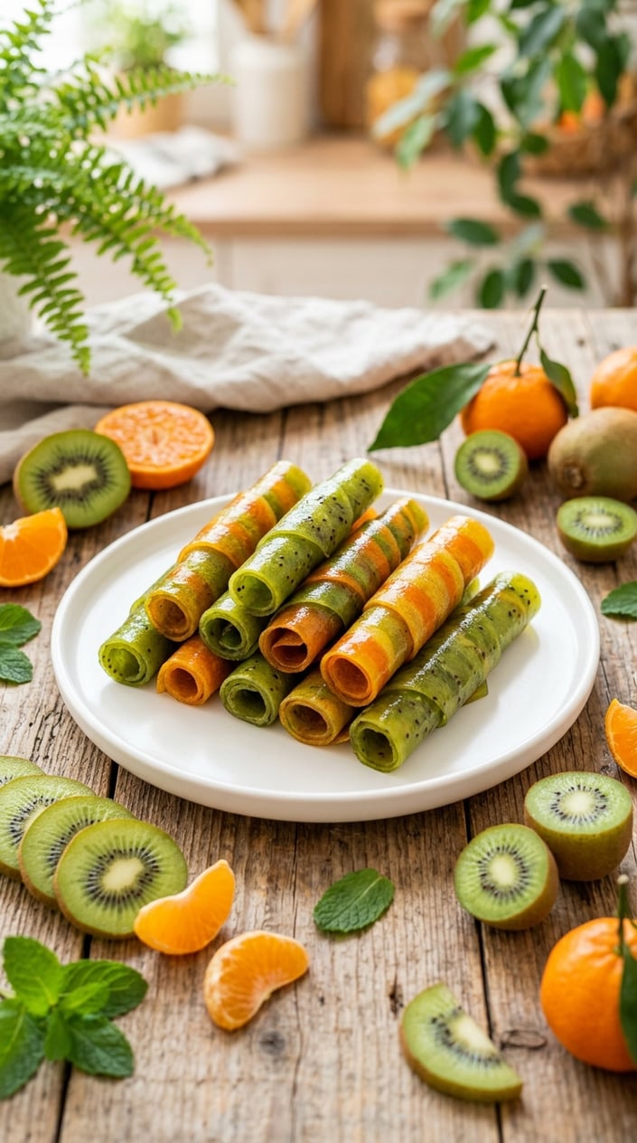 Rolled strips of bright green and orange fruit leather on a wooden surface with halved kiwi and tangerine segments arranged alongside.