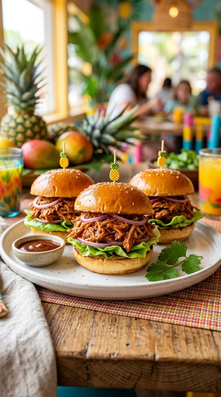 Two soft slider buns filled with saucy shredded jackfruit, a few pieces of lettuce, and thin onion rings on a white plate with a tropical-print napkin behind it.