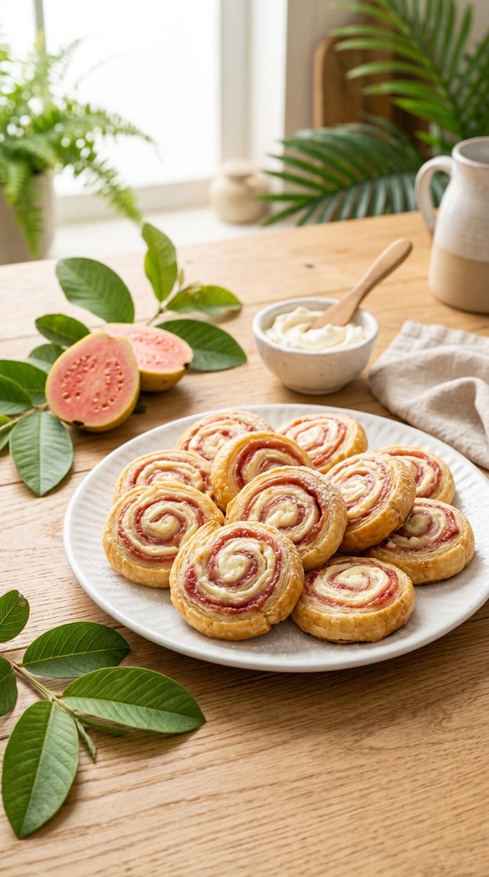 Sliced cream cheese pinwheels with a vivid pink guava swirl showing at the cut edge, arranged on a wooden board with a few halved guava fruits.
