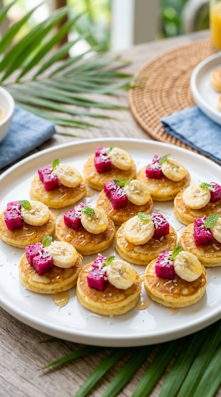 Small round pancake bites on a white plate showing flecks of bright pink dragonfruit and golden-brown edges, with a few tropical leaves tucked in the background.