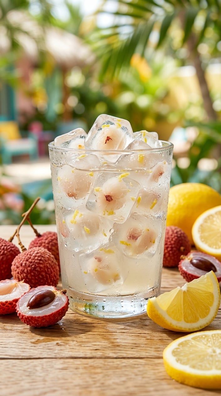 A clear glass with pale yellow lemonade and two lychee-studded ice cubes inside, fresh lychees and lemon wedges sitting on a slatted wooden surface beside it.