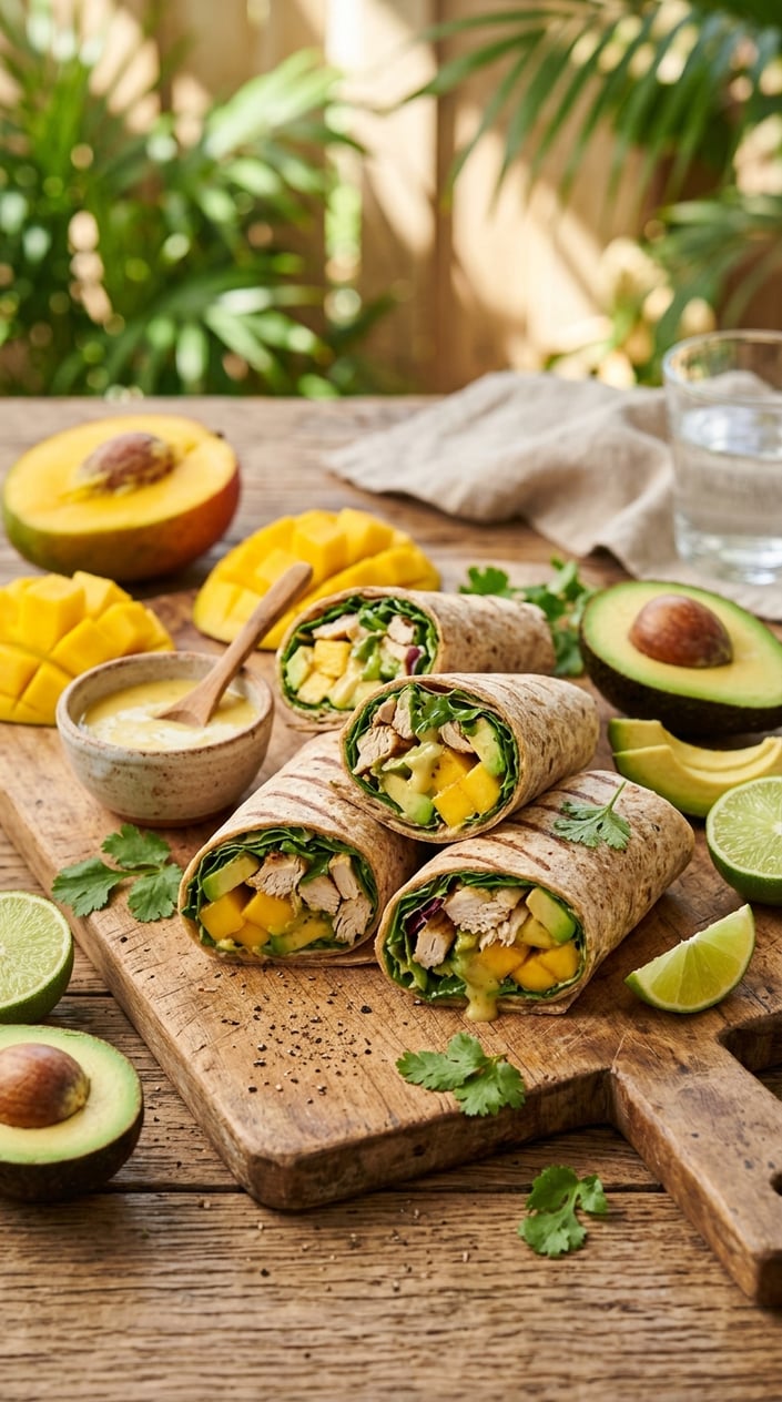 Two halved wraps on a wooden board showing layers of shredded chicken, green avocado, and bright yellow mango chunks, with a small bowl of dressing and sliced tropical fruit arranged nearby.