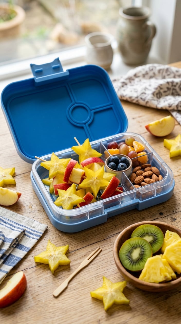An open lunchbox on a wood table showing four short skewers alternating star-shaped starfruit slices and pale yellow apple chunks.