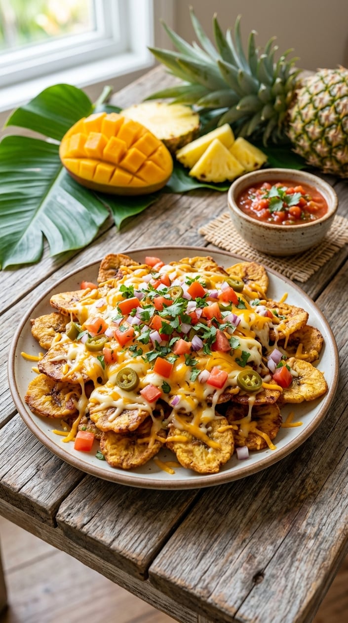 A sheet pan of roasted plantain slices topped with melted cheddar, black beans, and corn, with a small ceramic bowl of red salsa and a sprinkle of cilantro on a wood surface.