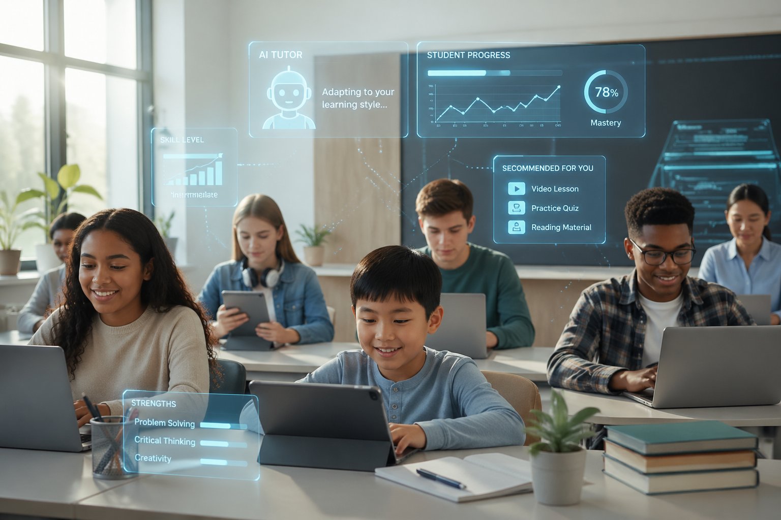 Students of different ages using tablets and laptops in a bright classroom, interacting with AI-based learning tools.
