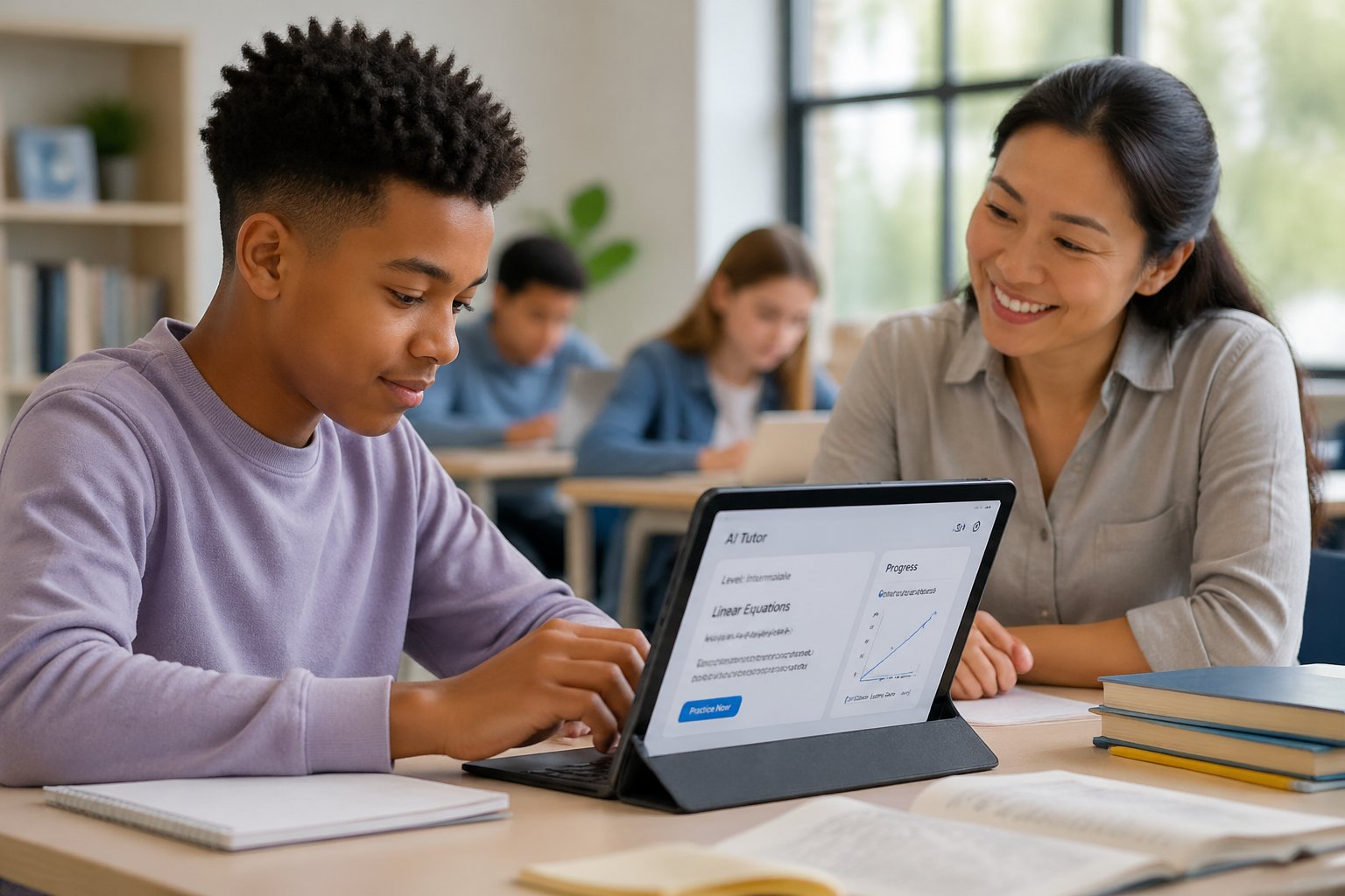 A student using a tablet with an AI tutor in a bright classroom, supported by a smiling teacher nearby.