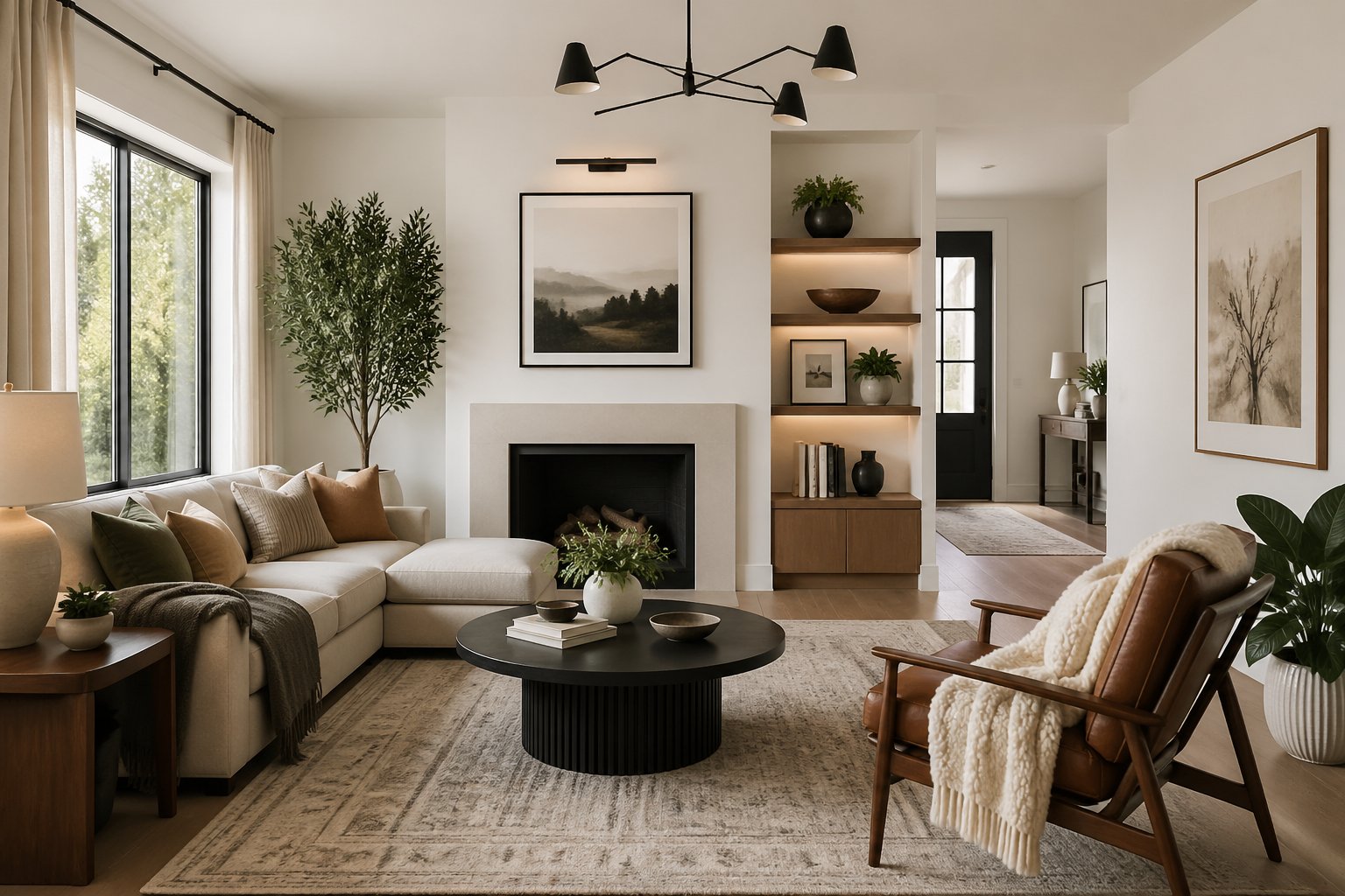 A modern living room with elegant furniture, indoor plants, and tasteful decor creating a warm and inviting atmosphere.