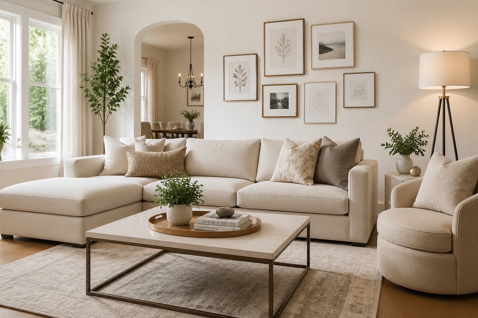 A modern living room with a sofa, coffee table, floor lamp, and large windows letting in natural light.