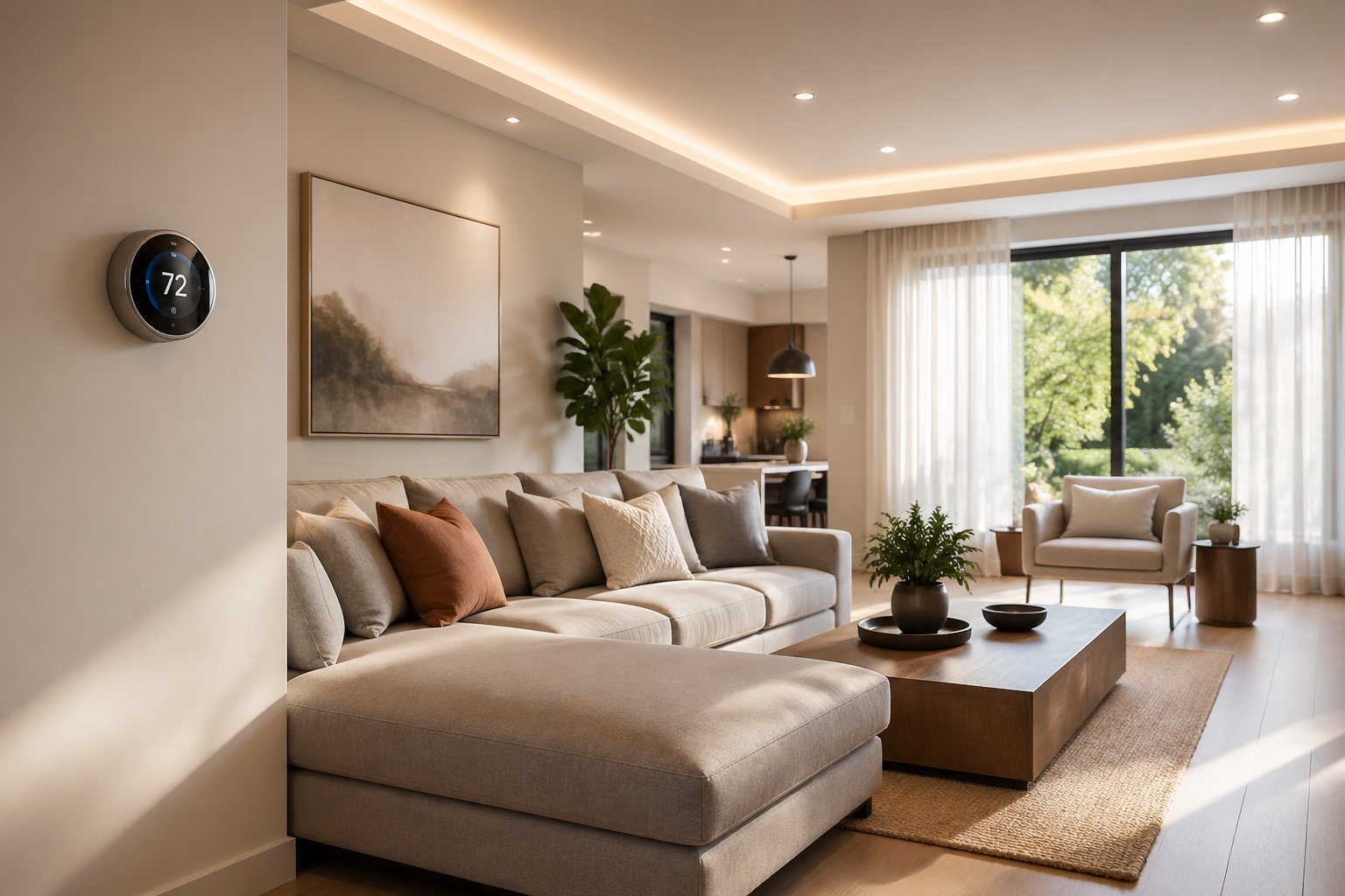 A modern living room with a smart thermostat, soft lighting, plush cushions, a wooden coffee table with a plant, and large windows with sheer curtains.